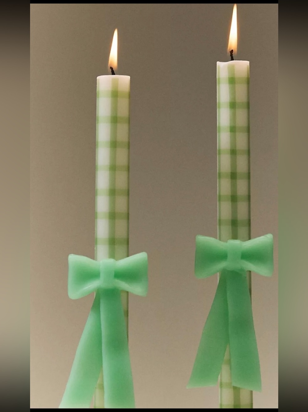 Gingham Green Plaid Taper Candles with Bows. Set of 2